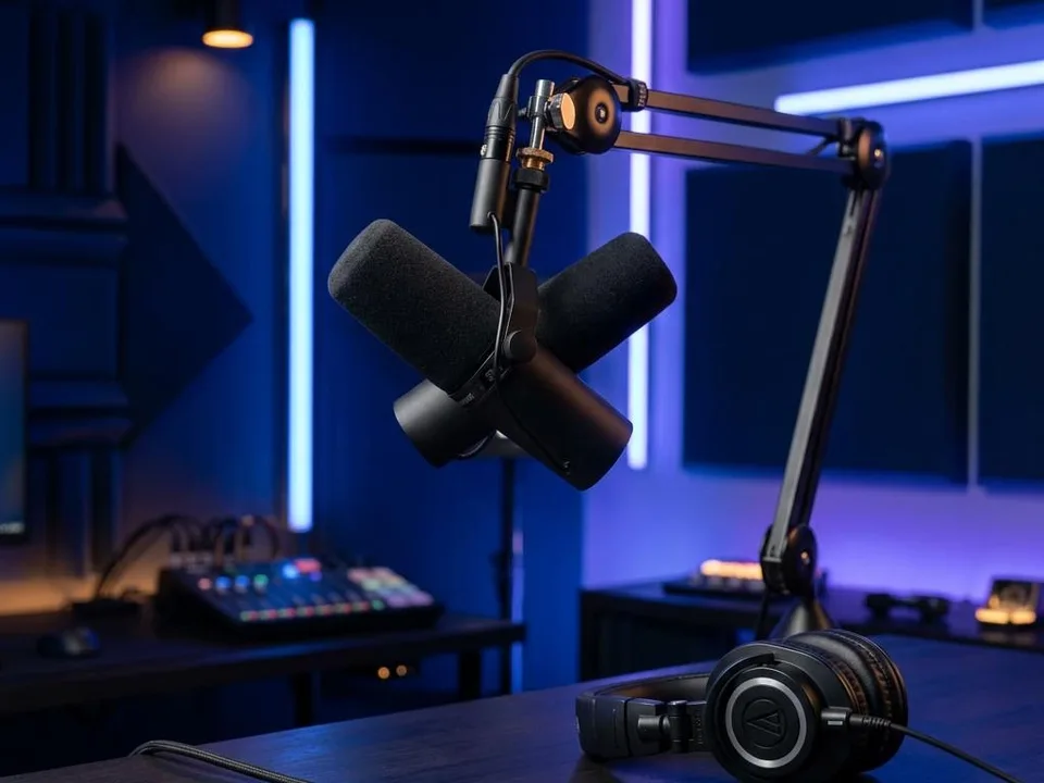 Microphone de podcast dans un studio contemporain éclairé en bleu
